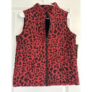 Multiples Women Red/Black Quilted Leopard Print Hacci Knit Zip Vest XS
